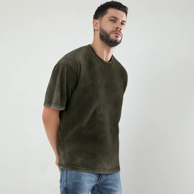 Wolvra Olive Green Acid Wash Oversized T-Shirt